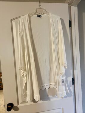 White Gauze Open-Front Crochet Trim Kimono Jacket